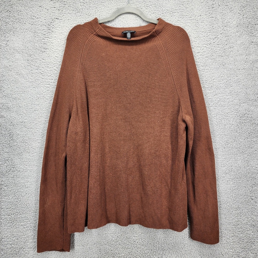 Eileen Fisher Brown Organic Cotton Silk Ribbed Funnel Neck Sweater Large